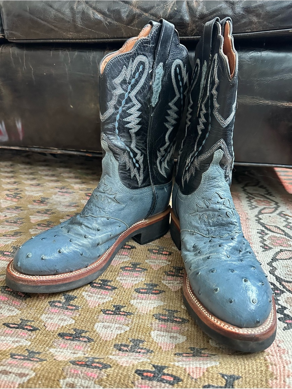 Lucchese Blue and Black Ostrich-Textured Western Boots